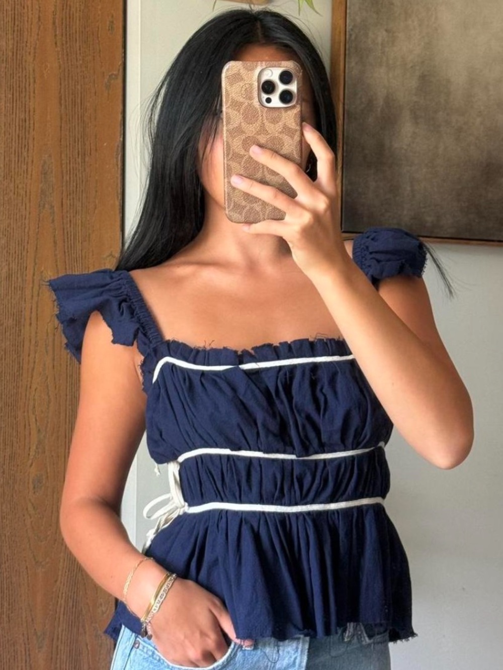 Free People Navy Blue Ruffled Top